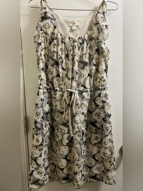 LOFT Watercolor Abstract Floral Dress Size 8 Ruffle Drawstring Waist Lined Grey